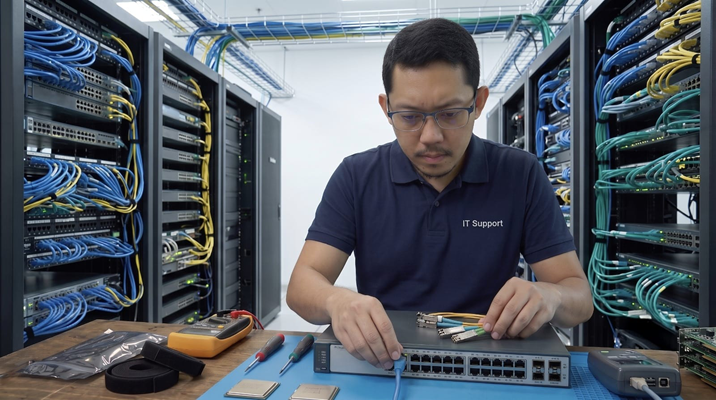 Adam Wirawan working on network switch in server room